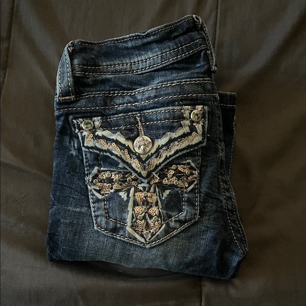 Miss Me Kids Dark Blue Boot Cut Jeans with Embellished Pockets